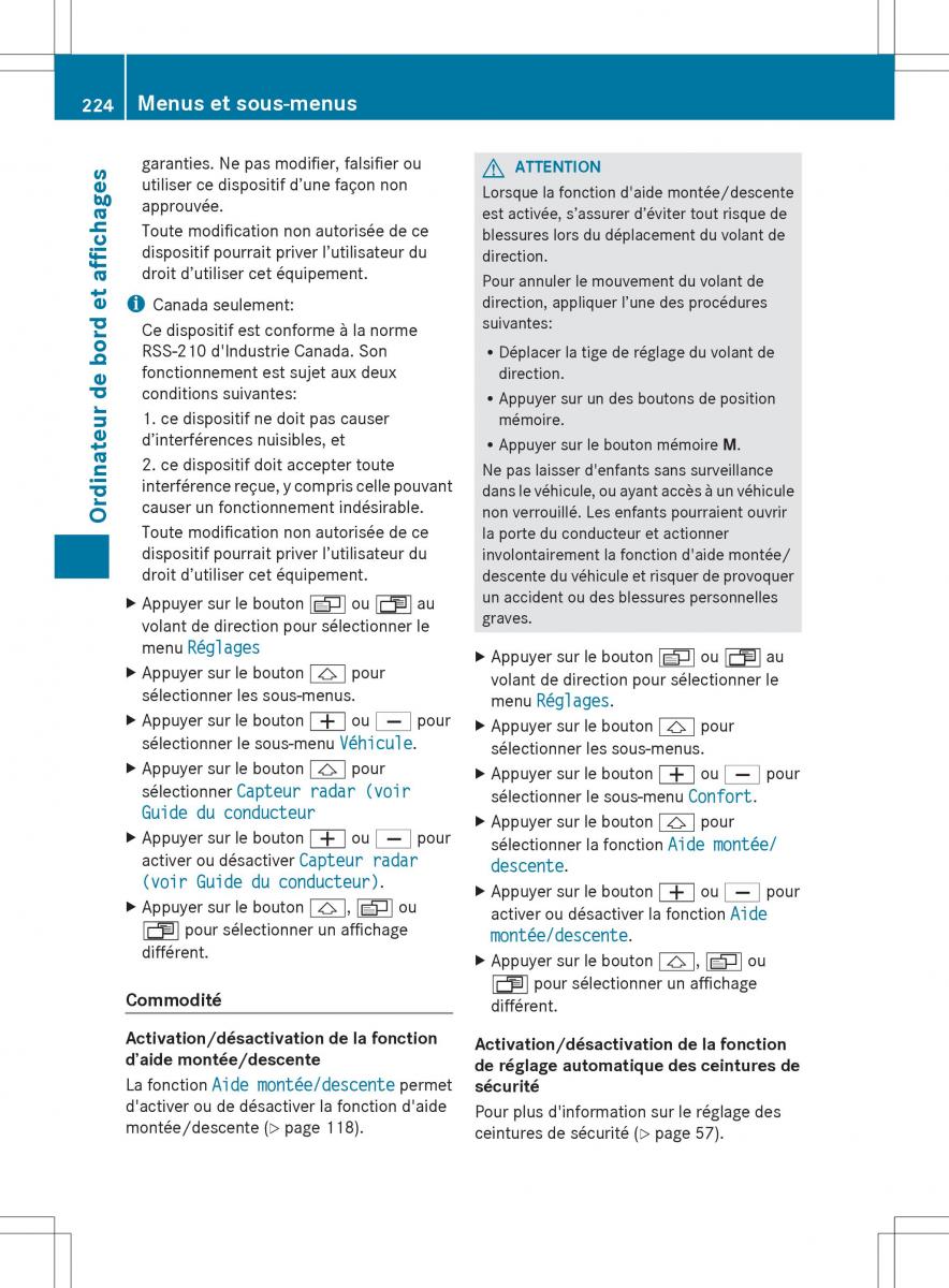 Mercedes Benz R Class manuel du proprietaire / page 226