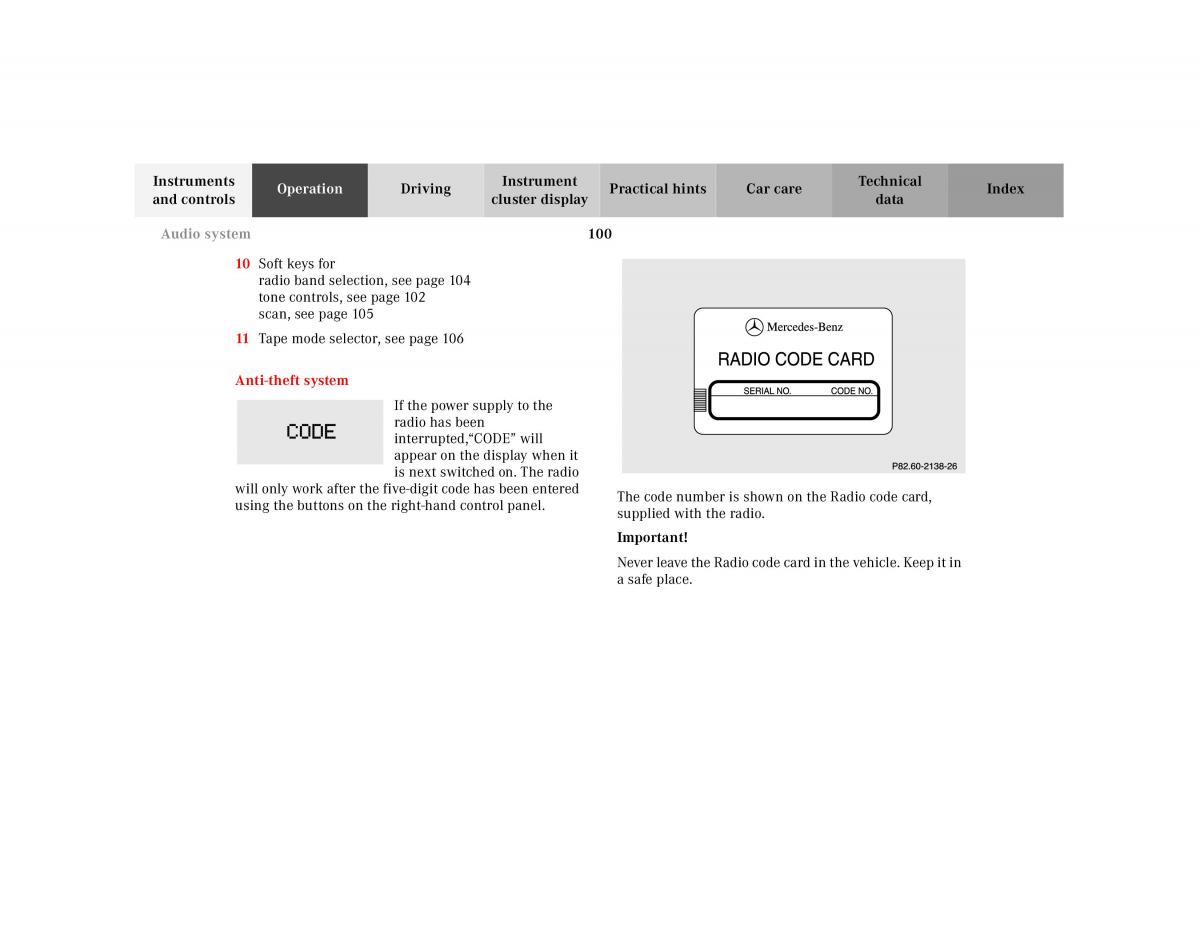 Mercedes Benz SL R129 owners manual / page 104