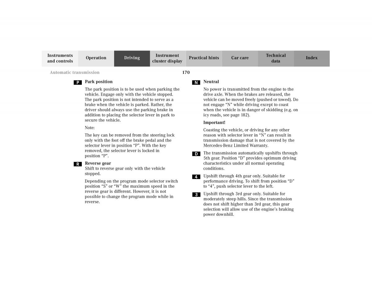 Mercedes Benz SL R129 owners manual / page 174