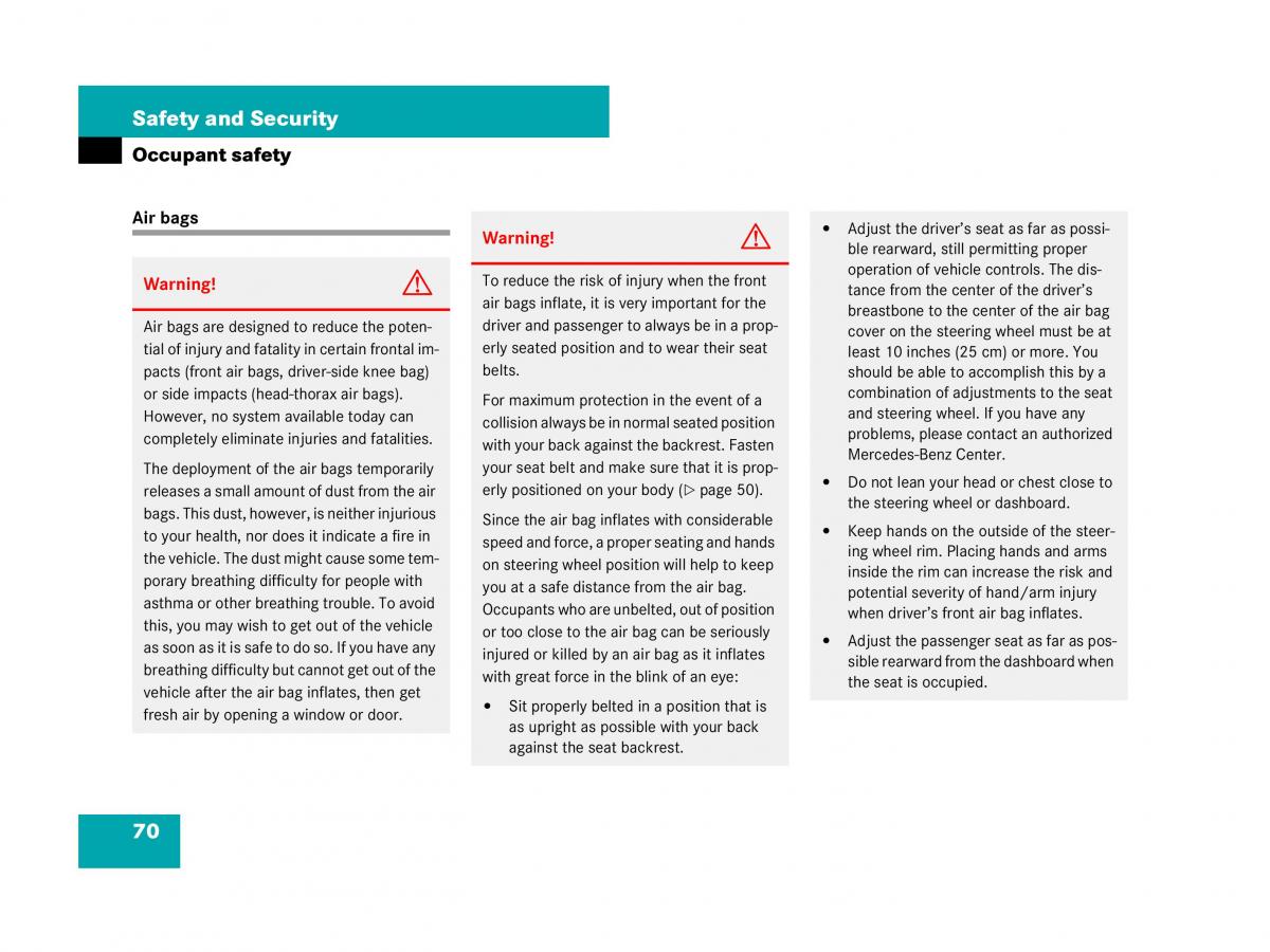 Mercedes Benz SL R230 owners manual / page 70