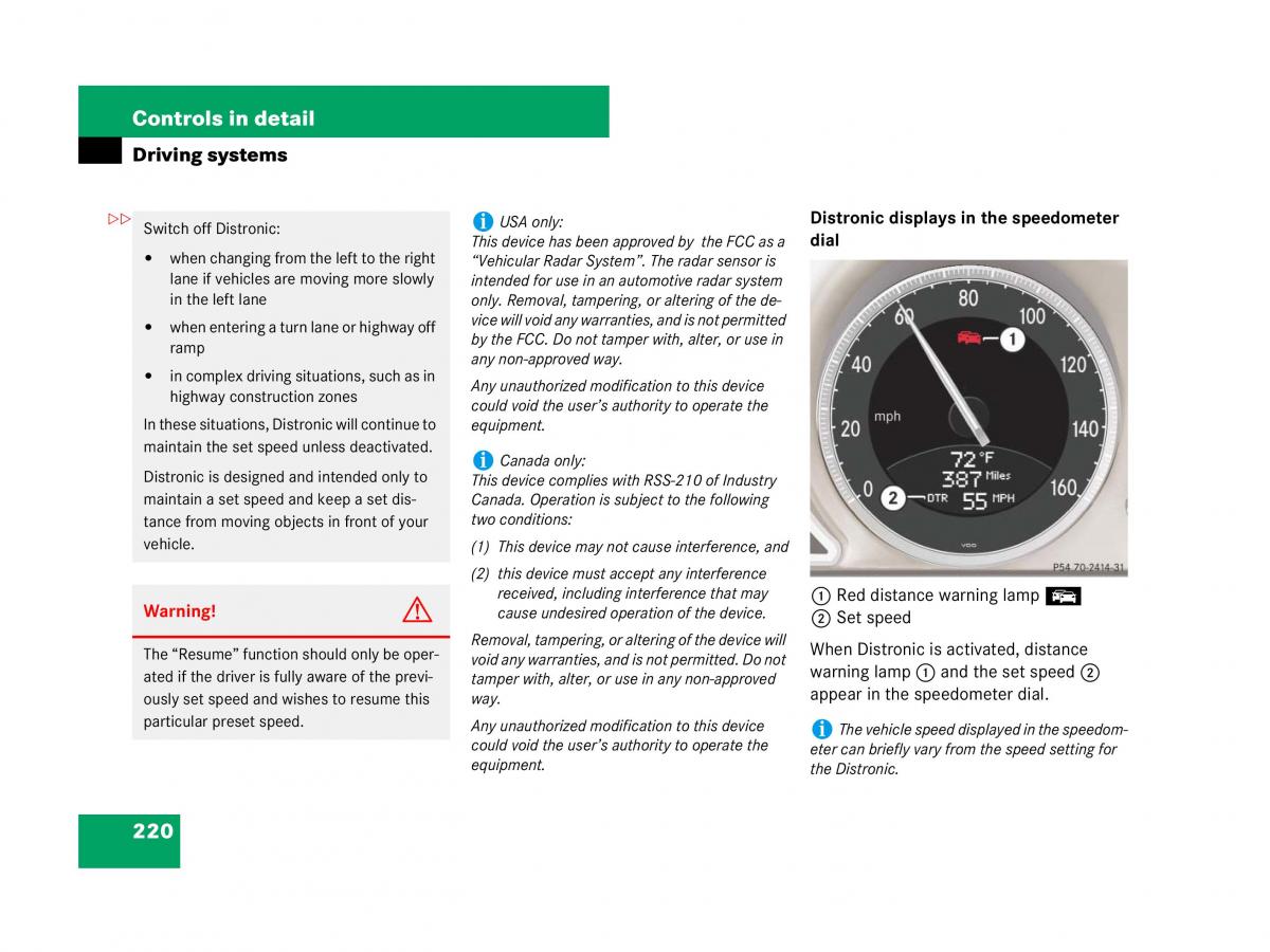 Mercedes Benz SL R230 owners manual / page 221