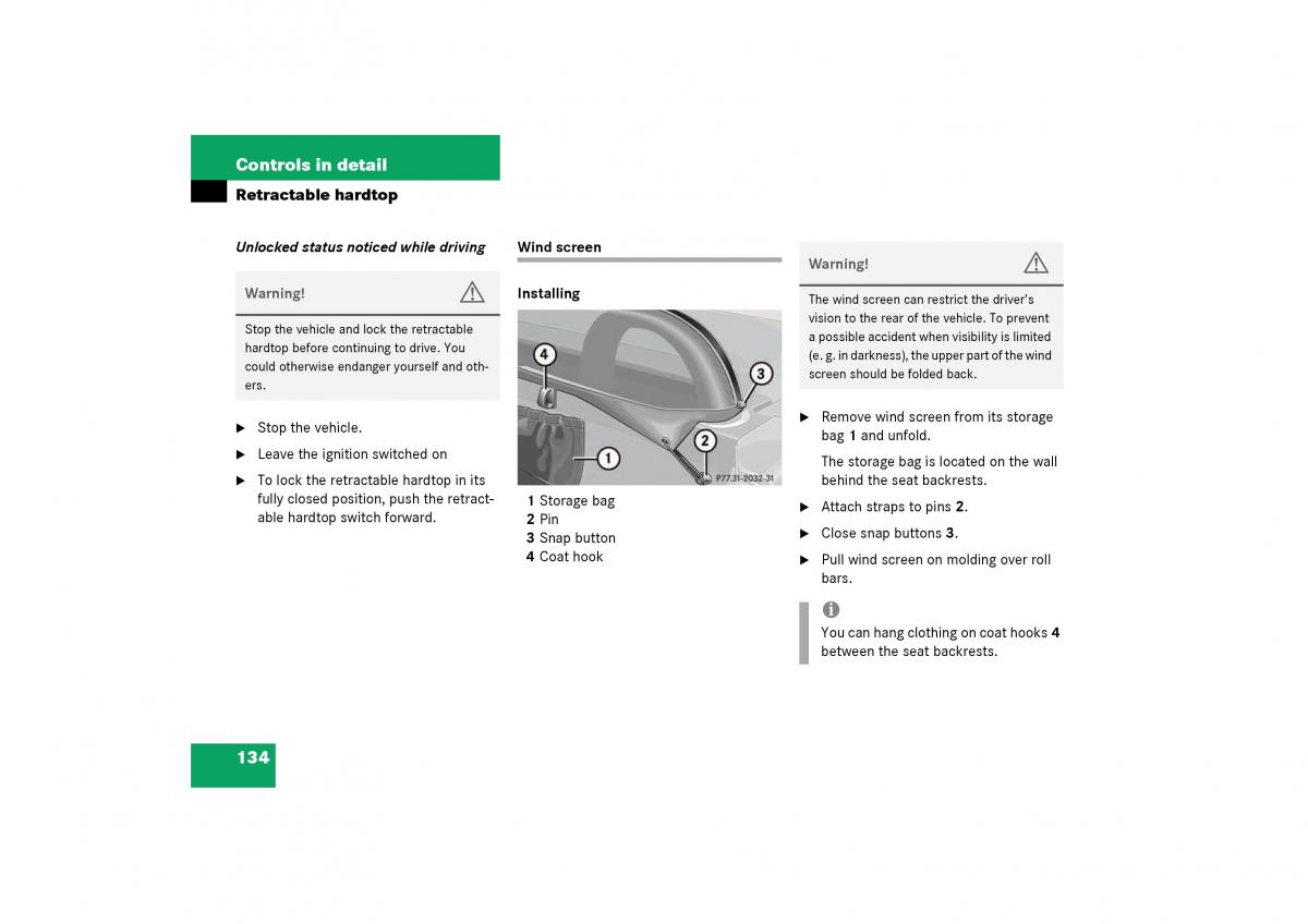 Mercedes Benz SLK R170 owners manual / page 134