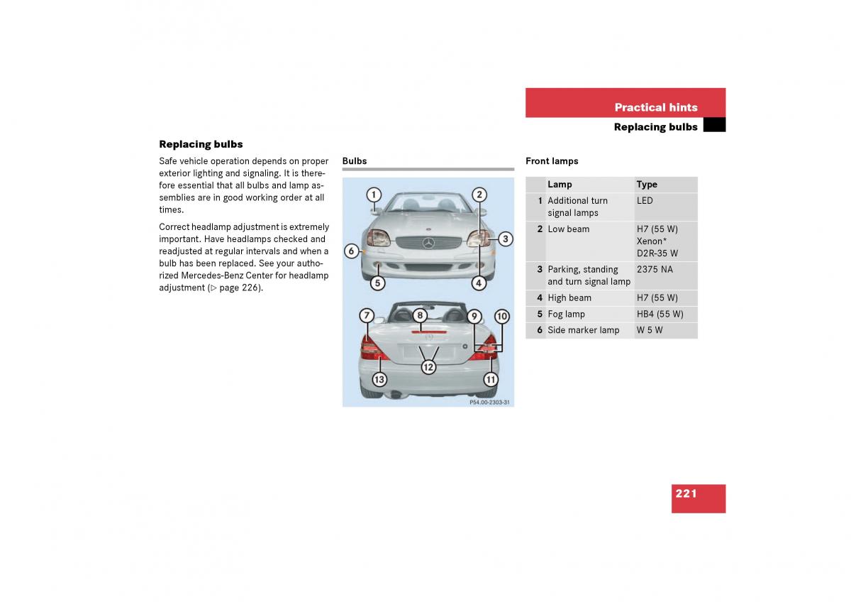 Mercedes Benz SLK R170 owners manual / page 221