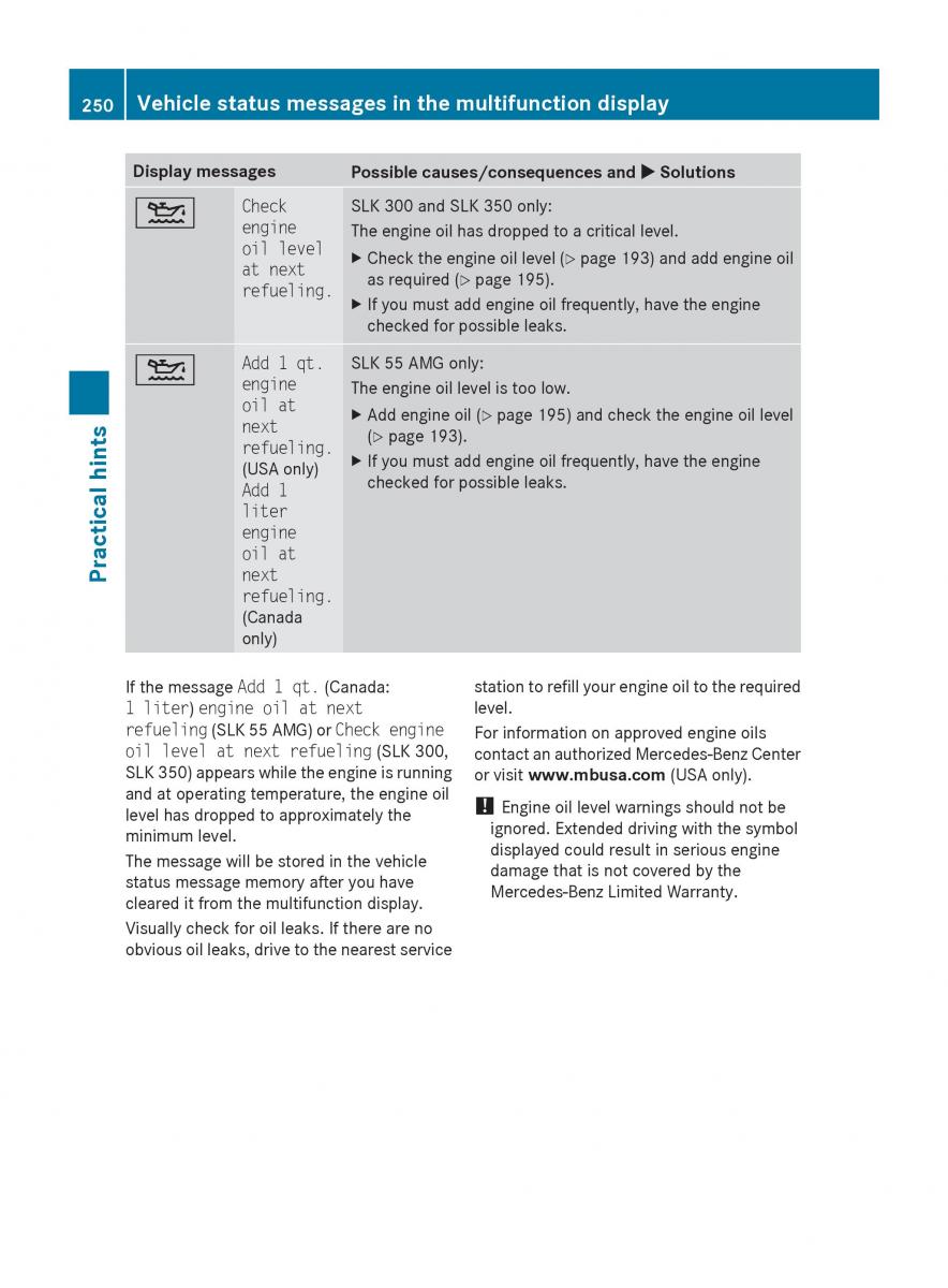 Mercedes Benz SLK R171 owners manual / page 252