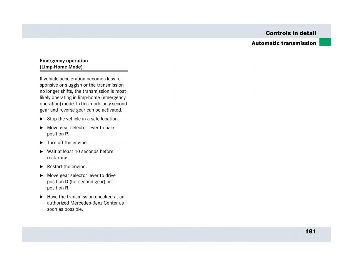 Mercedes Benz SLR McLaren R199 owners manual / page 182