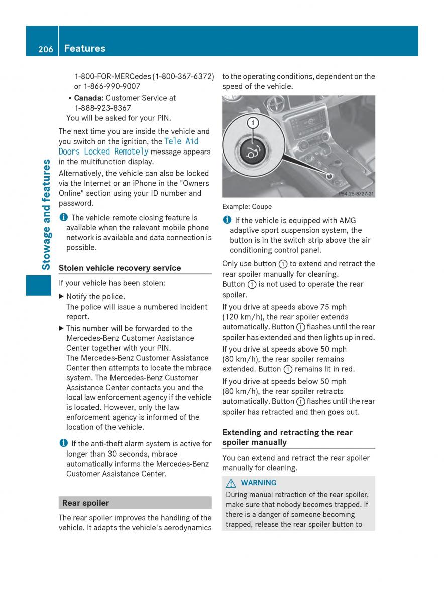 Mercedes Benz SLS AMG Coupe Roadster C197 owners manual / page 208