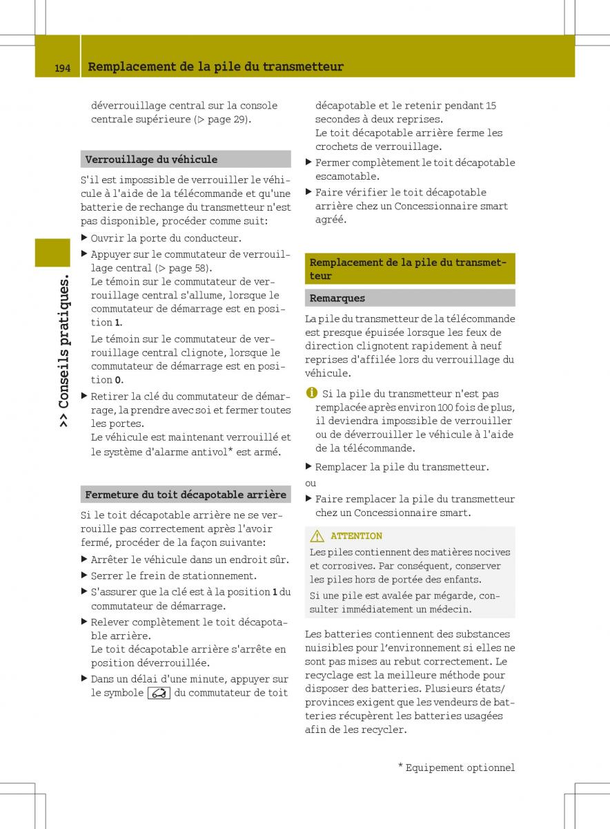 manuel du propriétaire  Smart Fortwo II 2 manuel du proprietaire / page 196