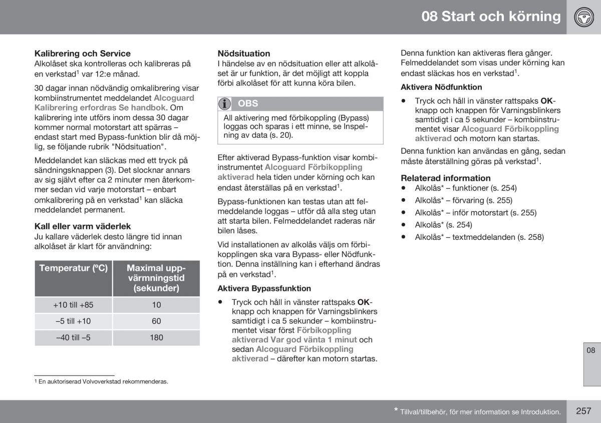 Volvo XC70 Cross Country II 2 instruktionsbok / page 259