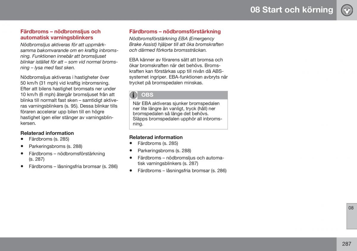 Volvo XC70 Cross Country II 2 instruktionsbok / page 289