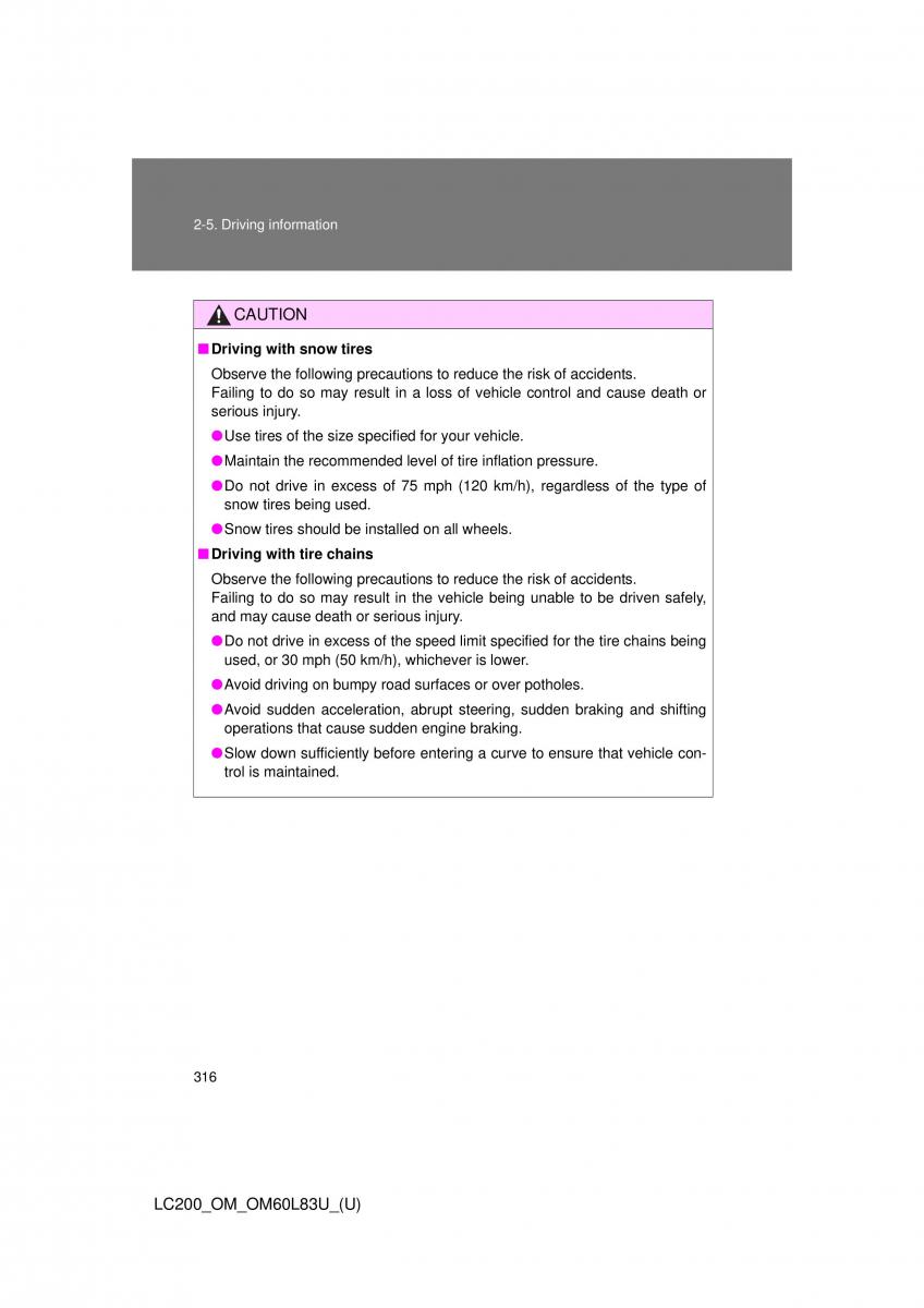 Toyota Land Cruiser J200 owners manual / page 316