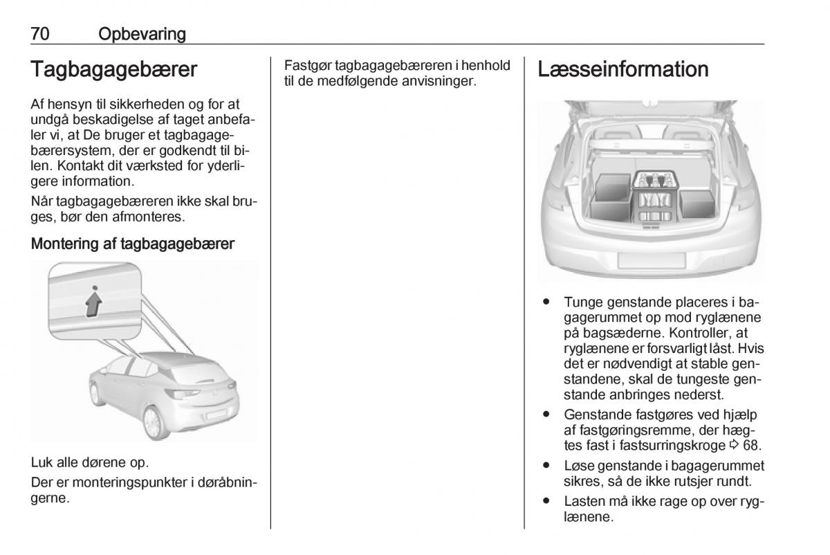 Opel Astra K V 5 Bilens instruktionsbog / page 72