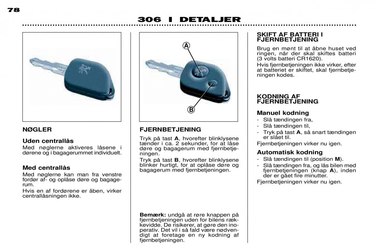 Peugeot 306 Break PH3 Bilens instruktionsbog / page 70