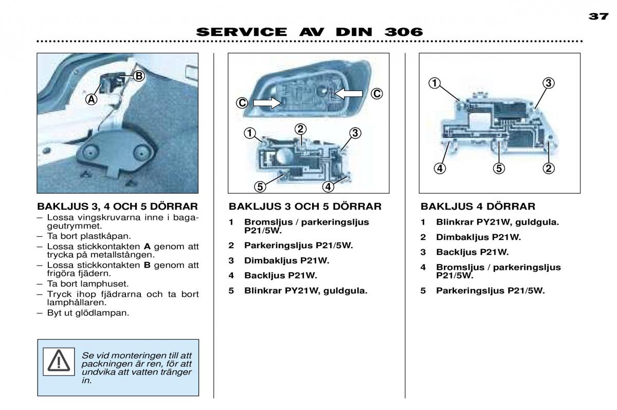 Peugeot 306 Break PH3 instruktionsbok / page 104