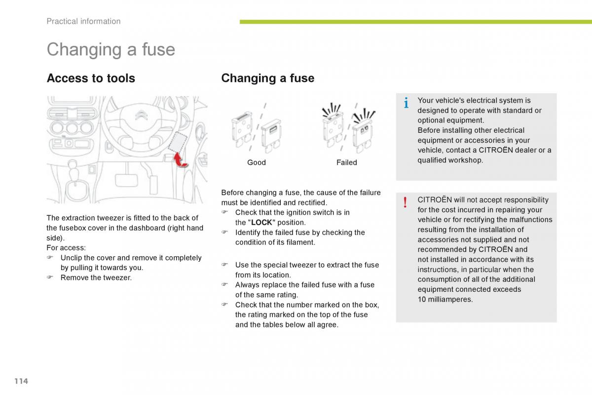 Citroen C Zero owners manual / page 116