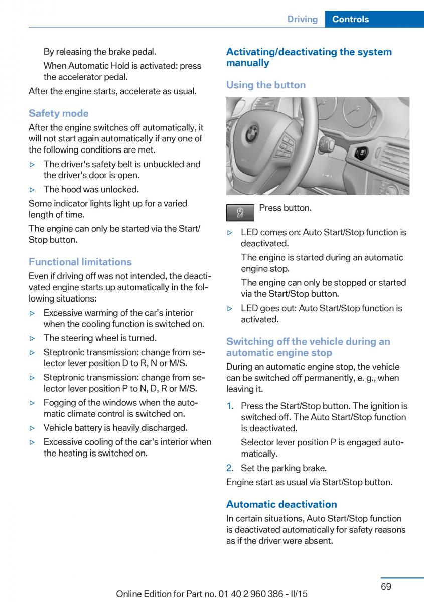 BMW X3 F25 owners manual / page 73