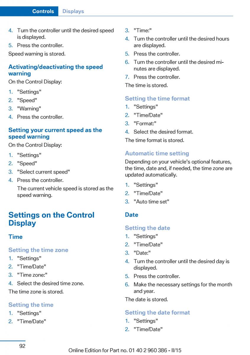 BMW X3 F25 owners manual / page 96