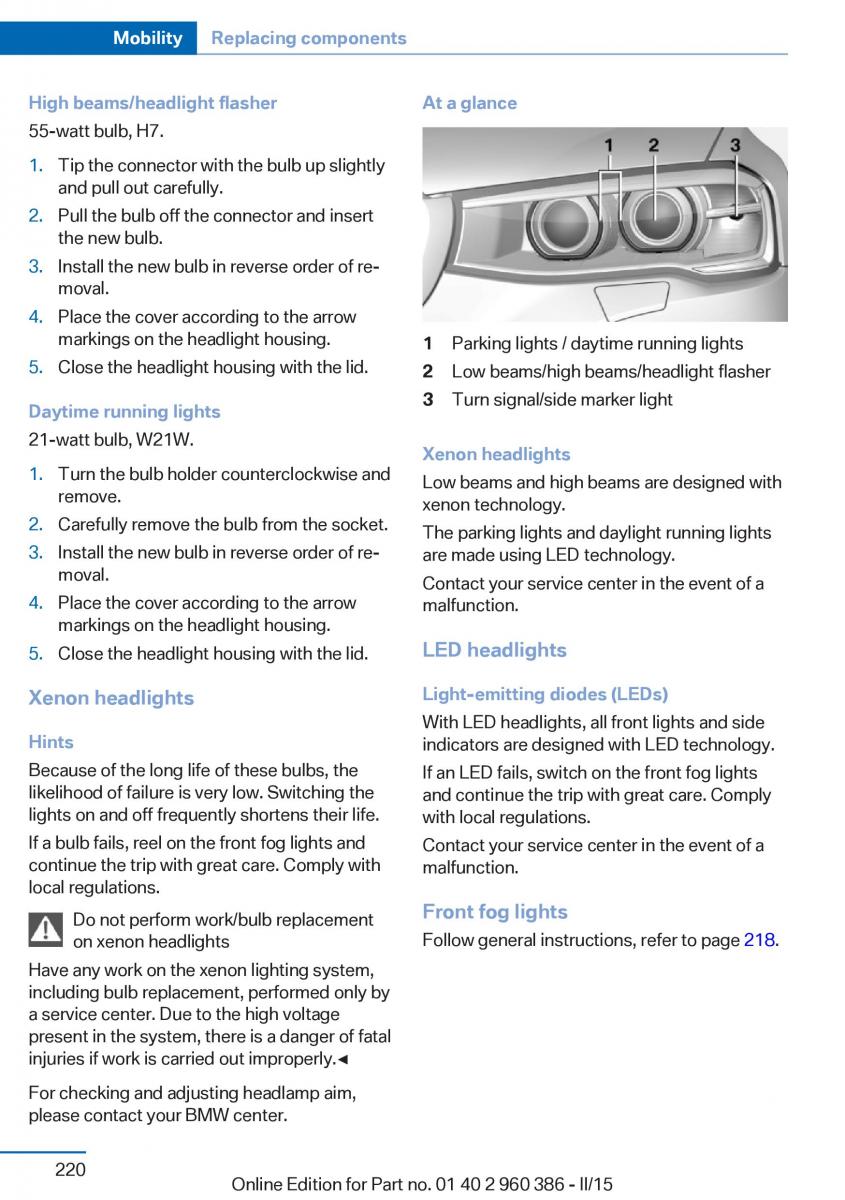 BMW X3 F25 owners manual / page 224