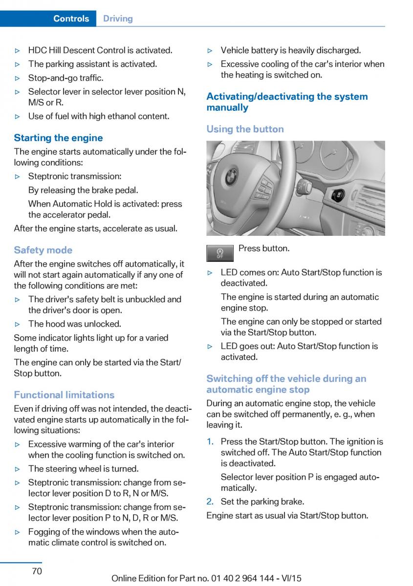 BMW X4 F26 owners manual / page 70