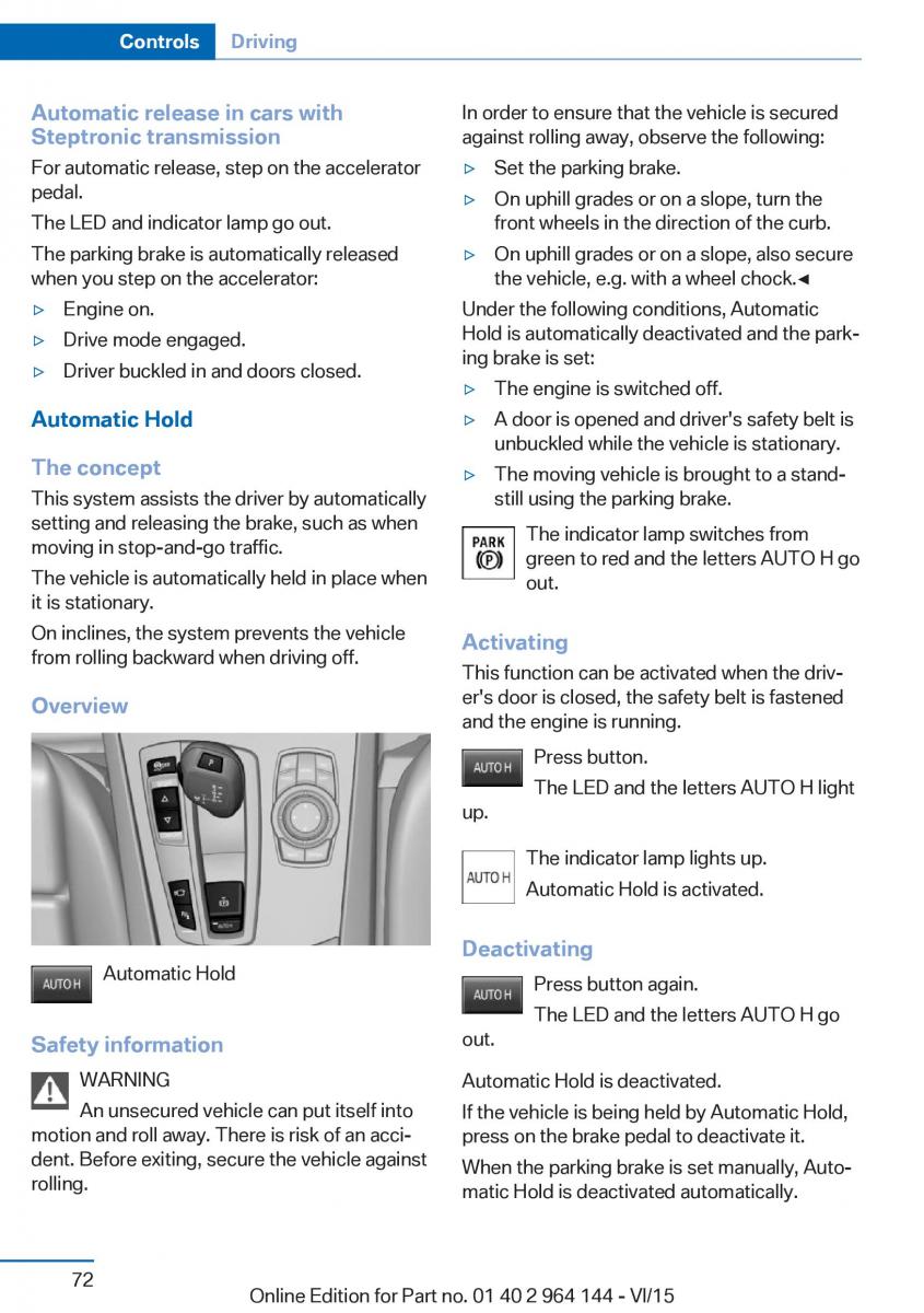 BMW X4 F26 owners manual / page 72