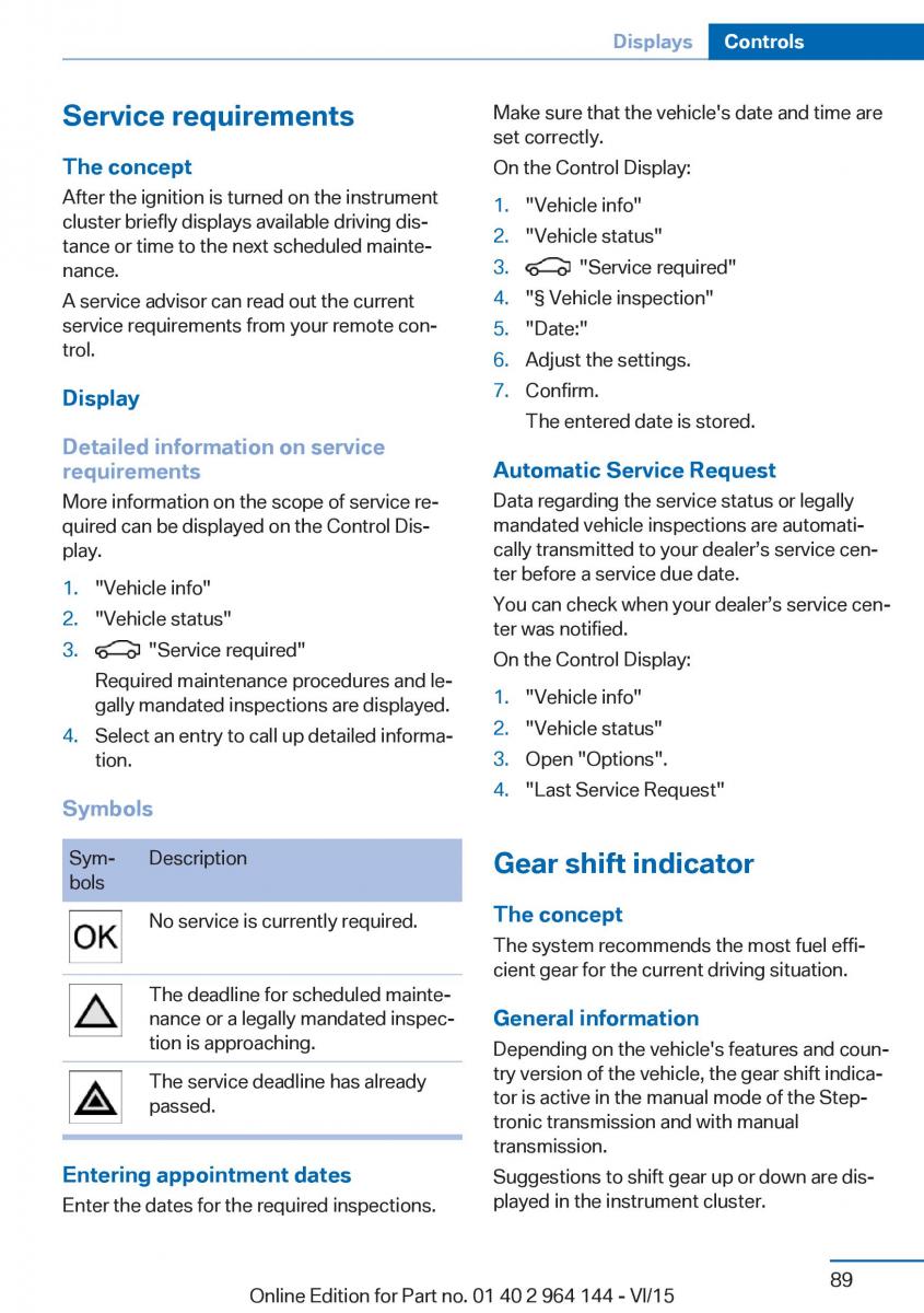 BMW X4 F26 owners manual / page 89