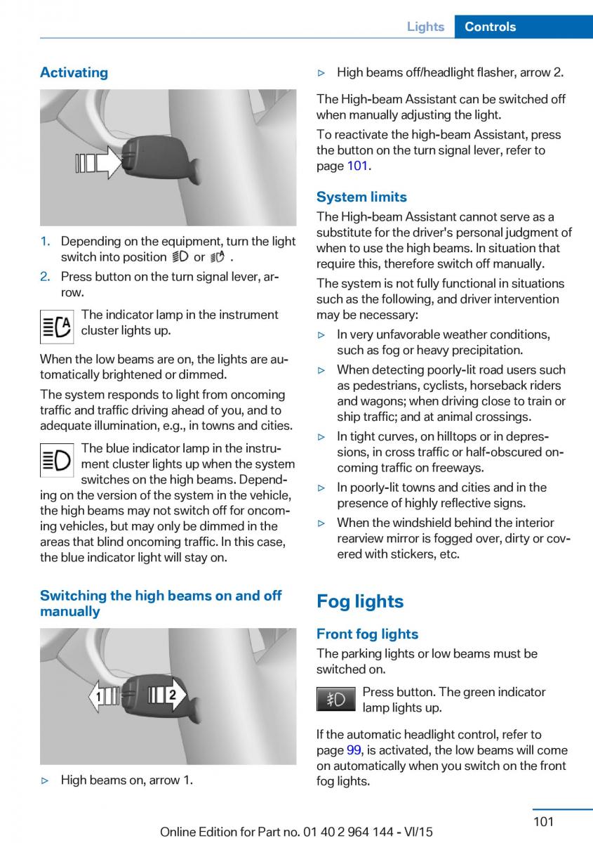 BMW X4 F26 owners manual / page 101