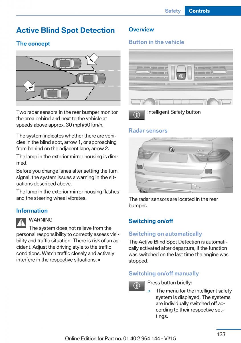 BMW X4 F26 owners manual / page 123