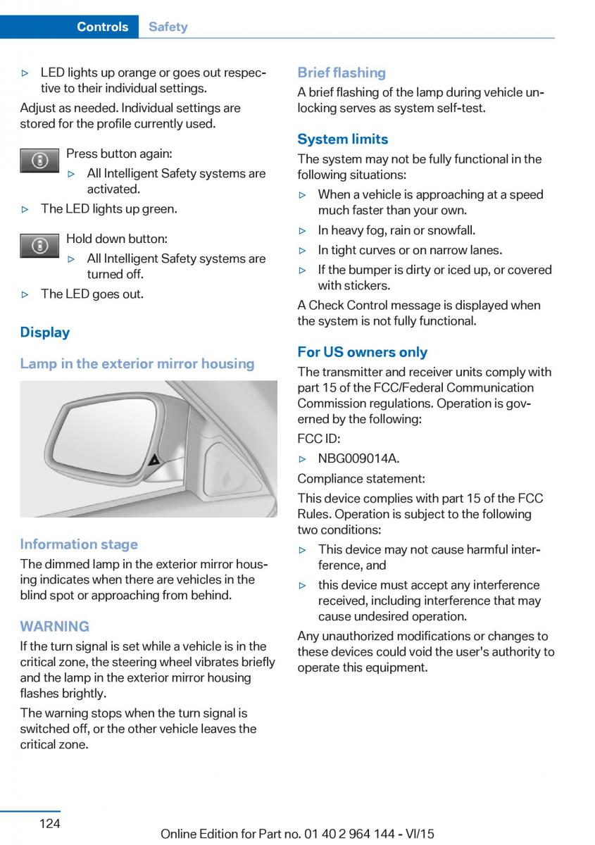 BMW X4 F26 owners manual / page 124