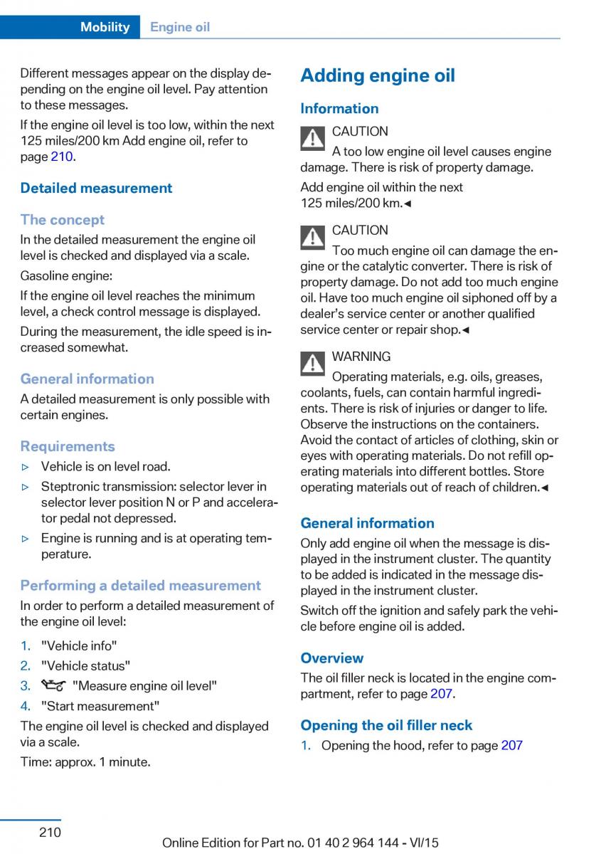 BMW X4 F26 owners manual / page 210