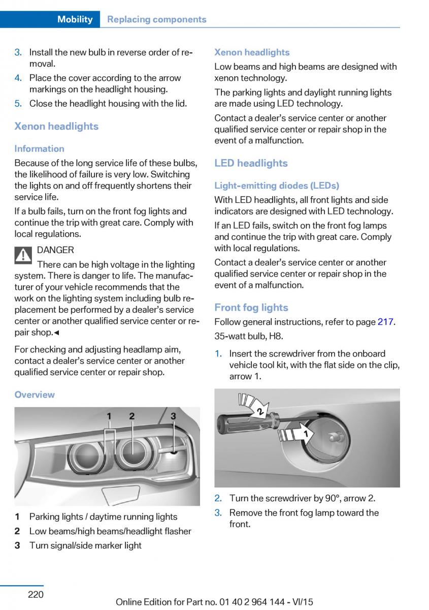 BMW X4 F26 owners manual / page 220