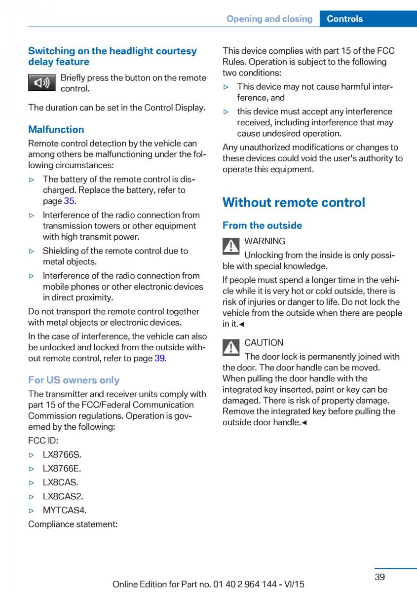 BMW X4 F26 owners manual / page 39