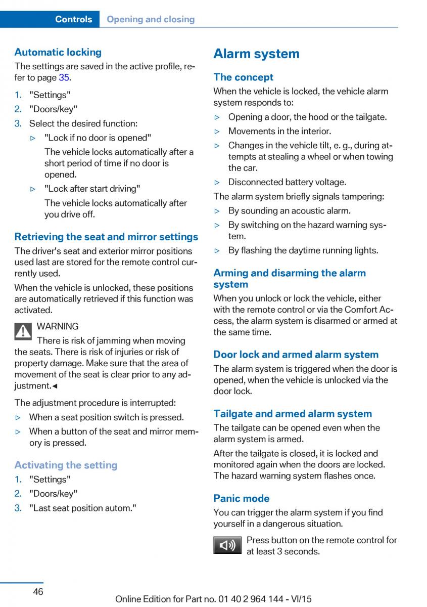 BMW X4 F26 owners manual / page 46