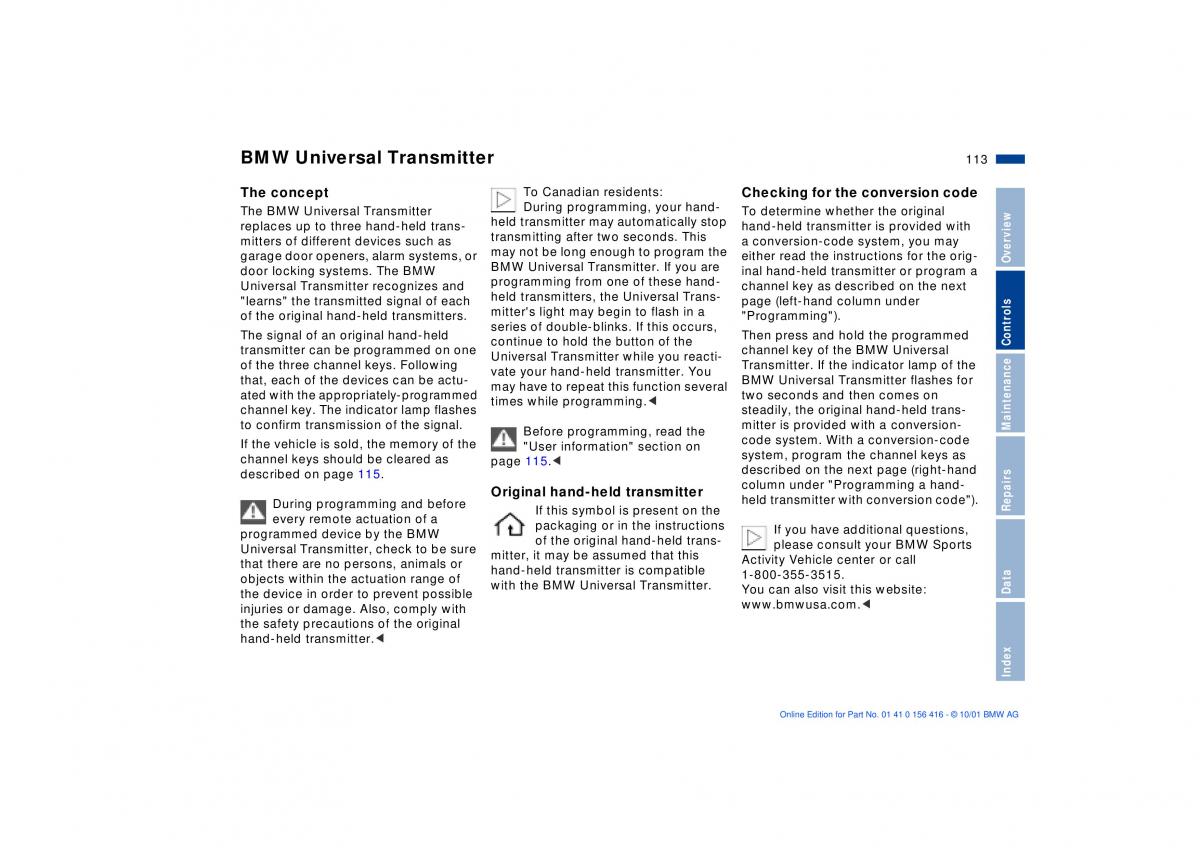 BMW X5 E53 owners manual / page 113