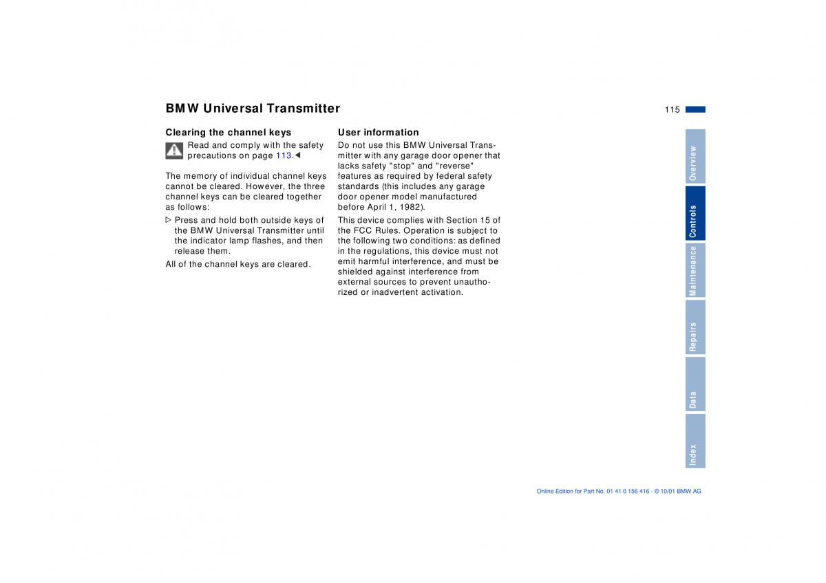 BMW X5 E53 owners manual / page 115