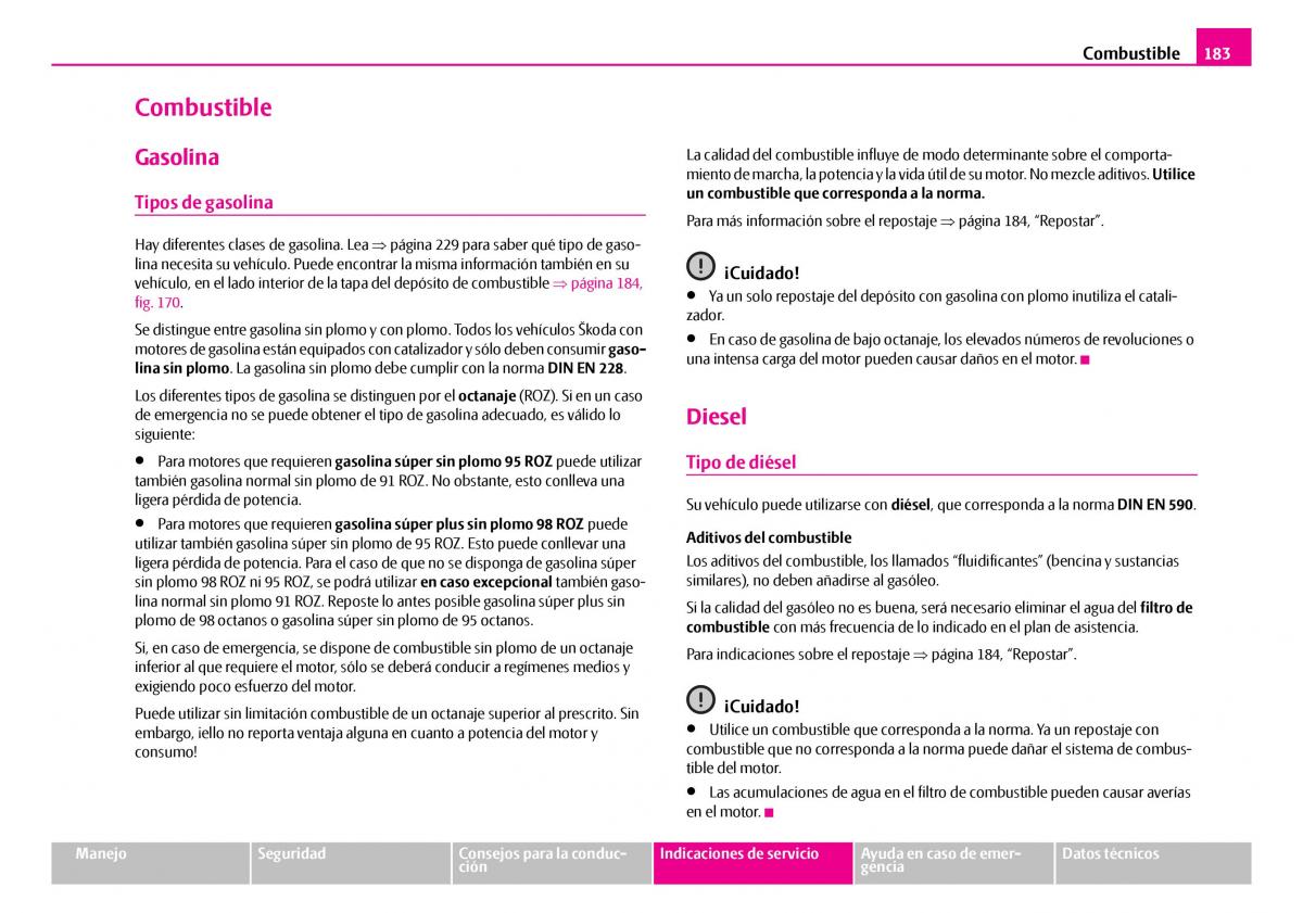 Skoda Superb I 1 manual del propietario / page 184