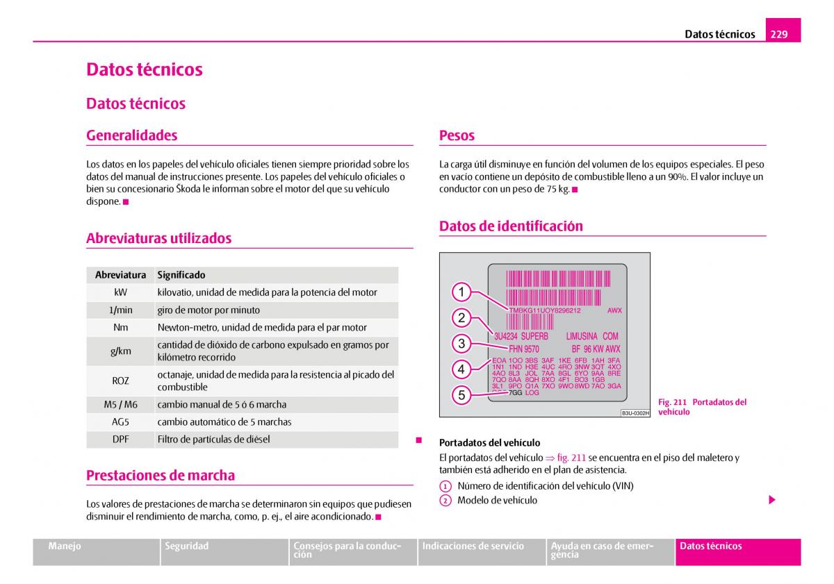 Skoda Superb I 1 manual del propietario / page 230