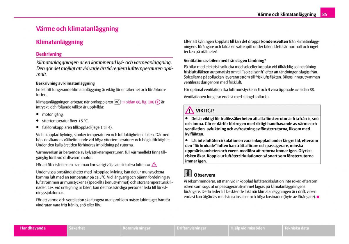 Skoda Superb I 1 instruktionsbok / page 86