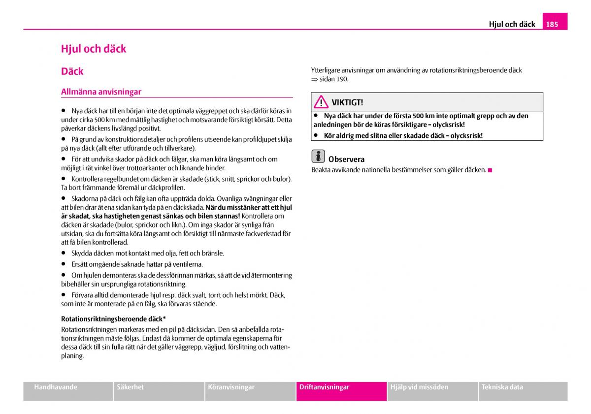 Skoda Superb I 1 instruktionsbok / page 186