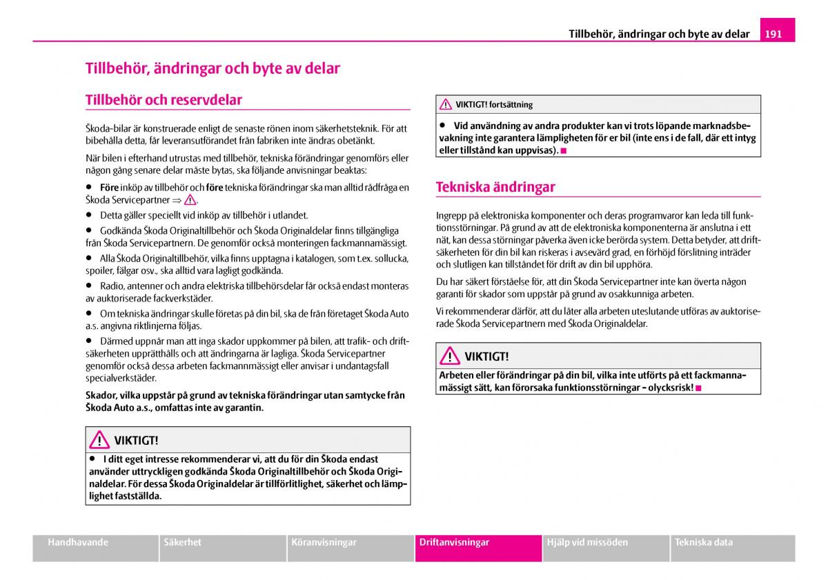 Skoda Superb I 1 instruktionsbok / page 192