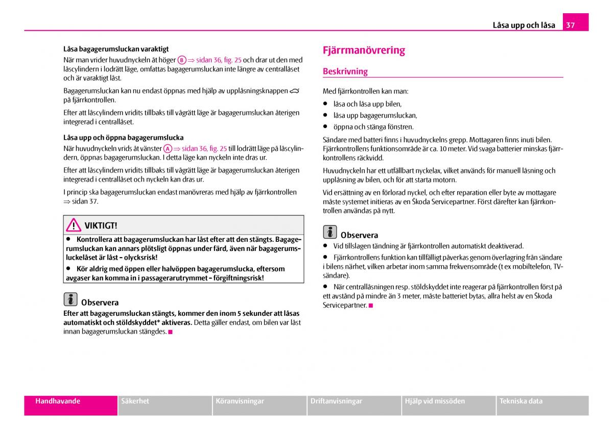 Skoda Superb I 1 instruktionsbok / page 38