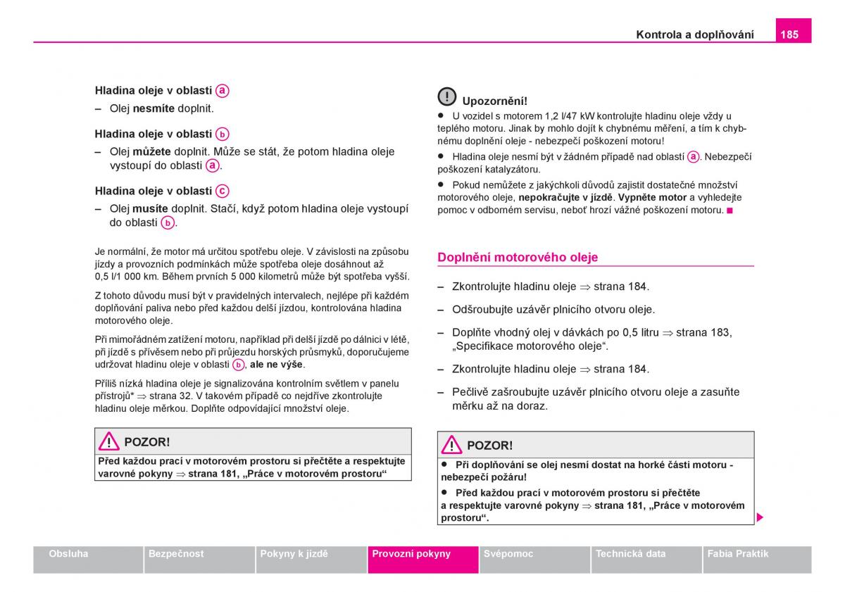 Skoda Fabia I 1 navod k obsludze / page 186