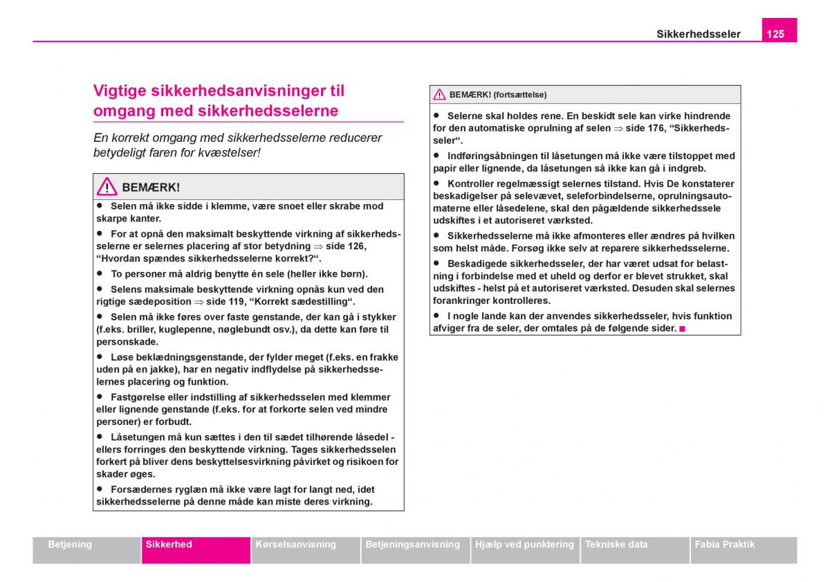 Skoda Fabia I 1 Bilens instruktionsbog / page 126