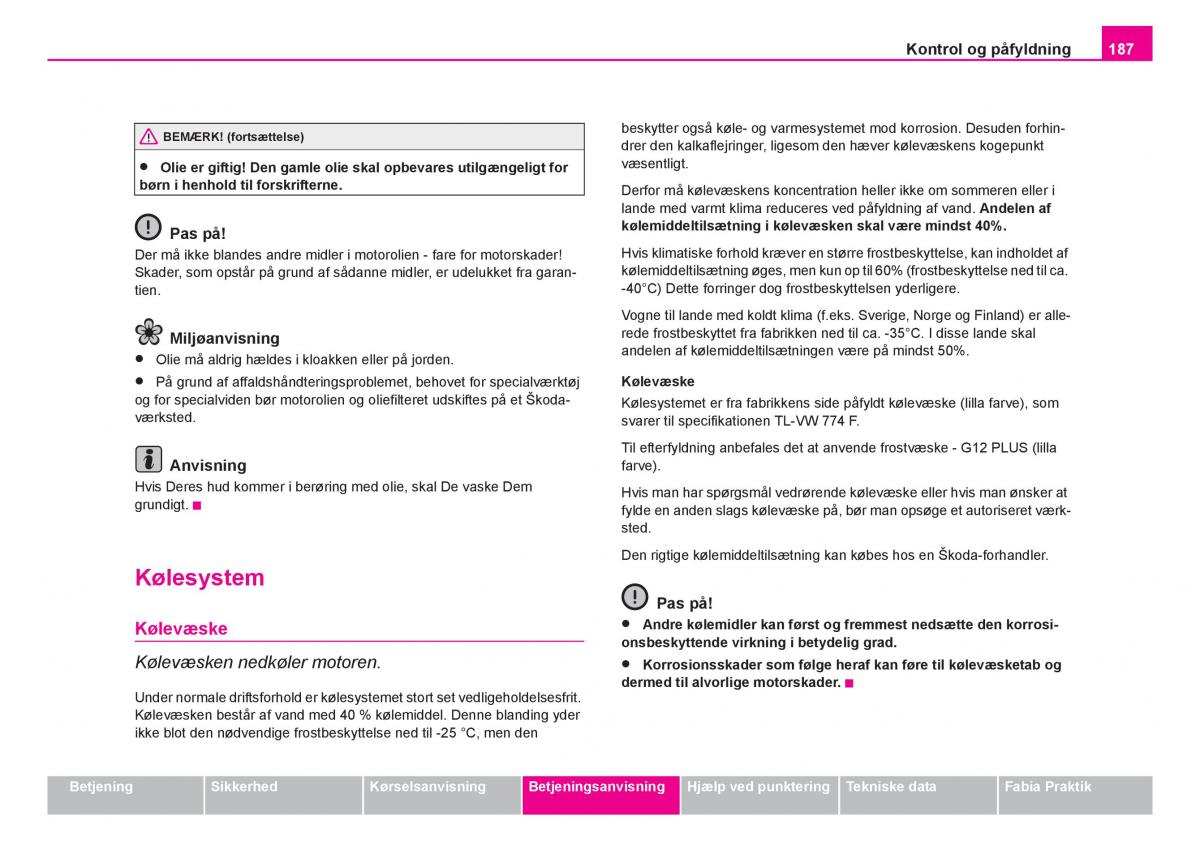 Skoda Fabia I 1 Bilens instruktionsbog / page 188