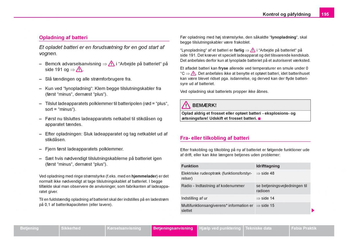 Skoda Fabia I 1 Bilens instruktionsbog / page 196