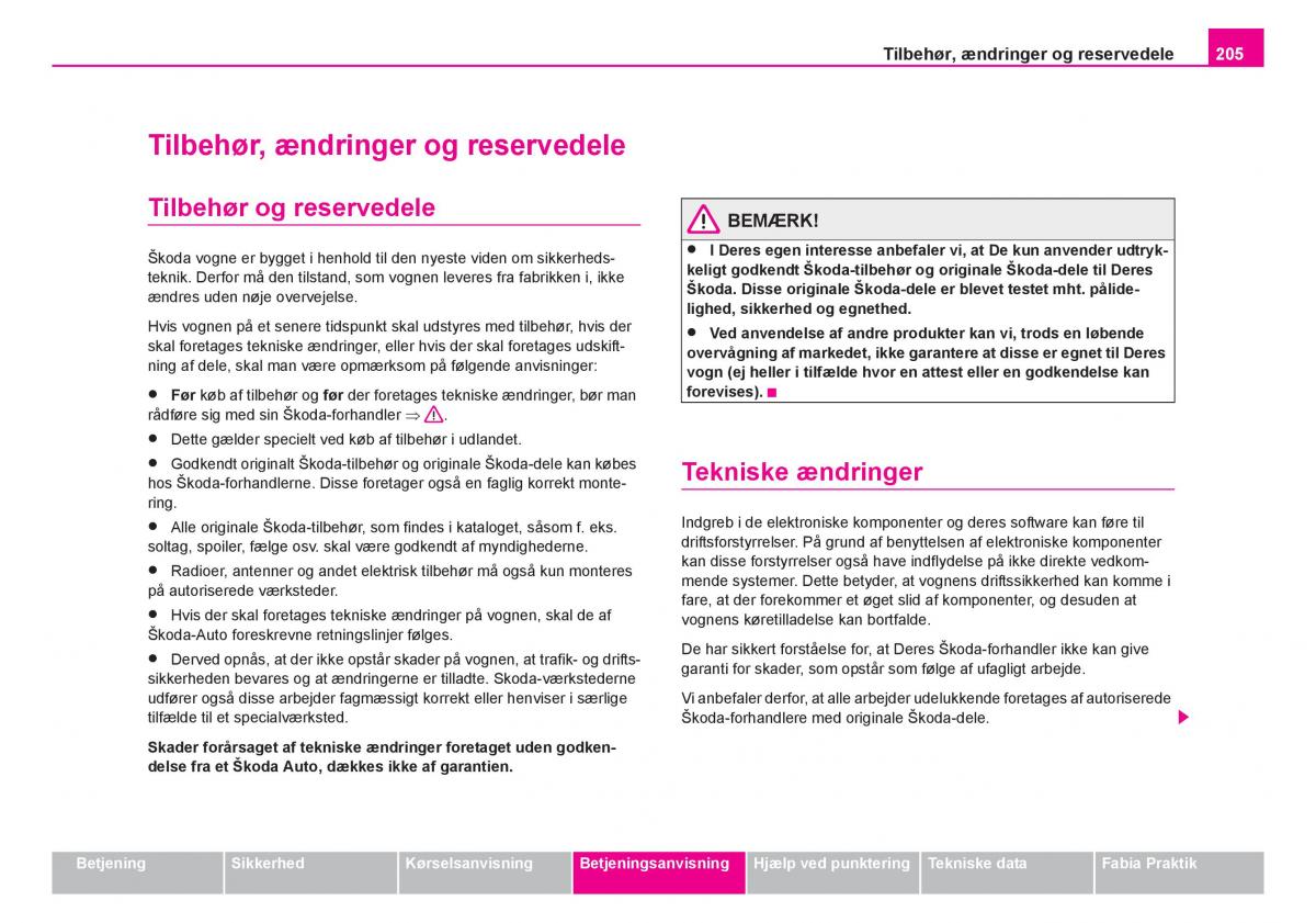 Skoda Fabia I 1 Bilens instruktionsbog / page 206