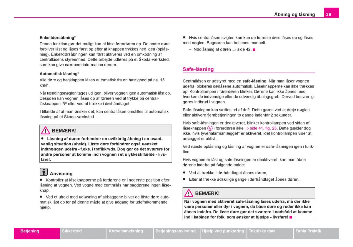 Skoda Fabia I 1 Bilens instruktionsbog / page 40