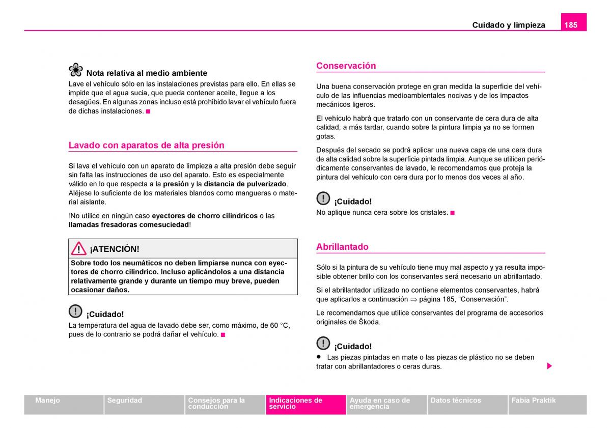 Skoda Fabia I 1 manual del propietario / page 186