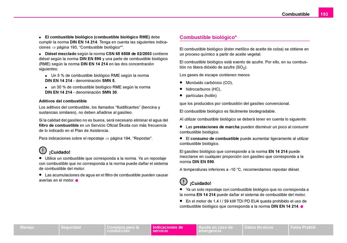 Skoda Fabia I 1 manual del propietario / page 194