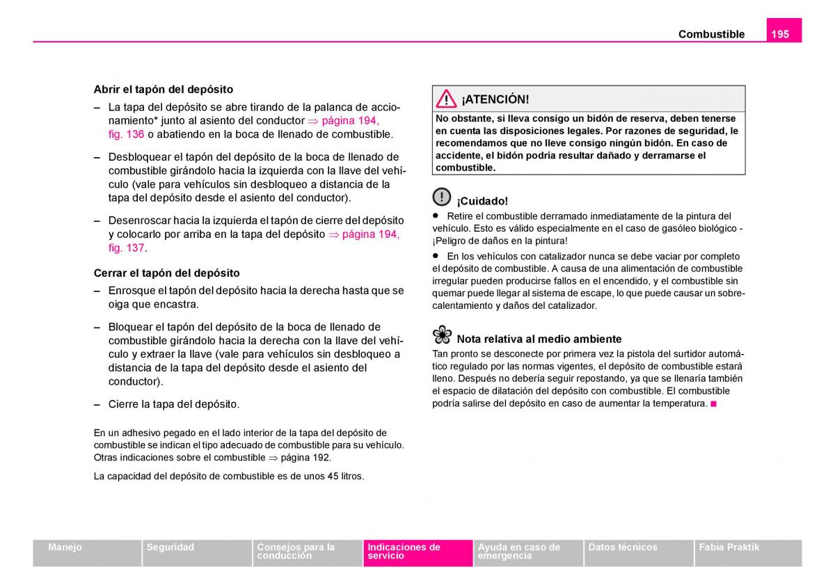 Skoda Fabia I 1 manual del propietario / page 196