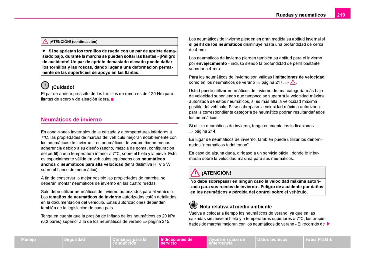 Skoda Fabia I 1 manual del propietario / page 220