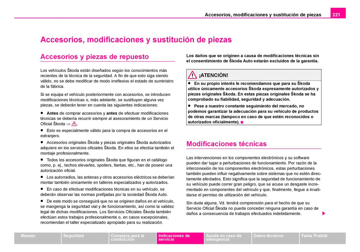 Skoda Fabia I 1 manual del propietario / page 222